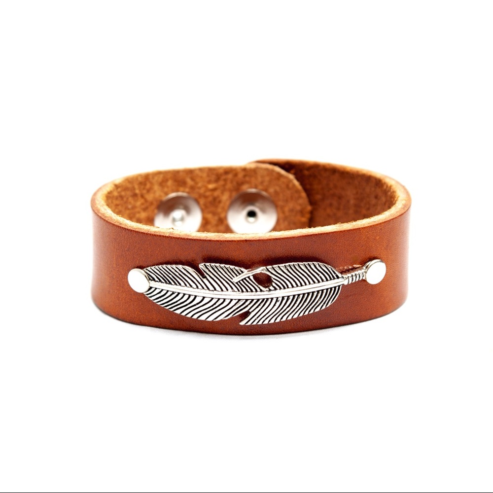 Genuine Leather Feather Bracelet - 1” Band